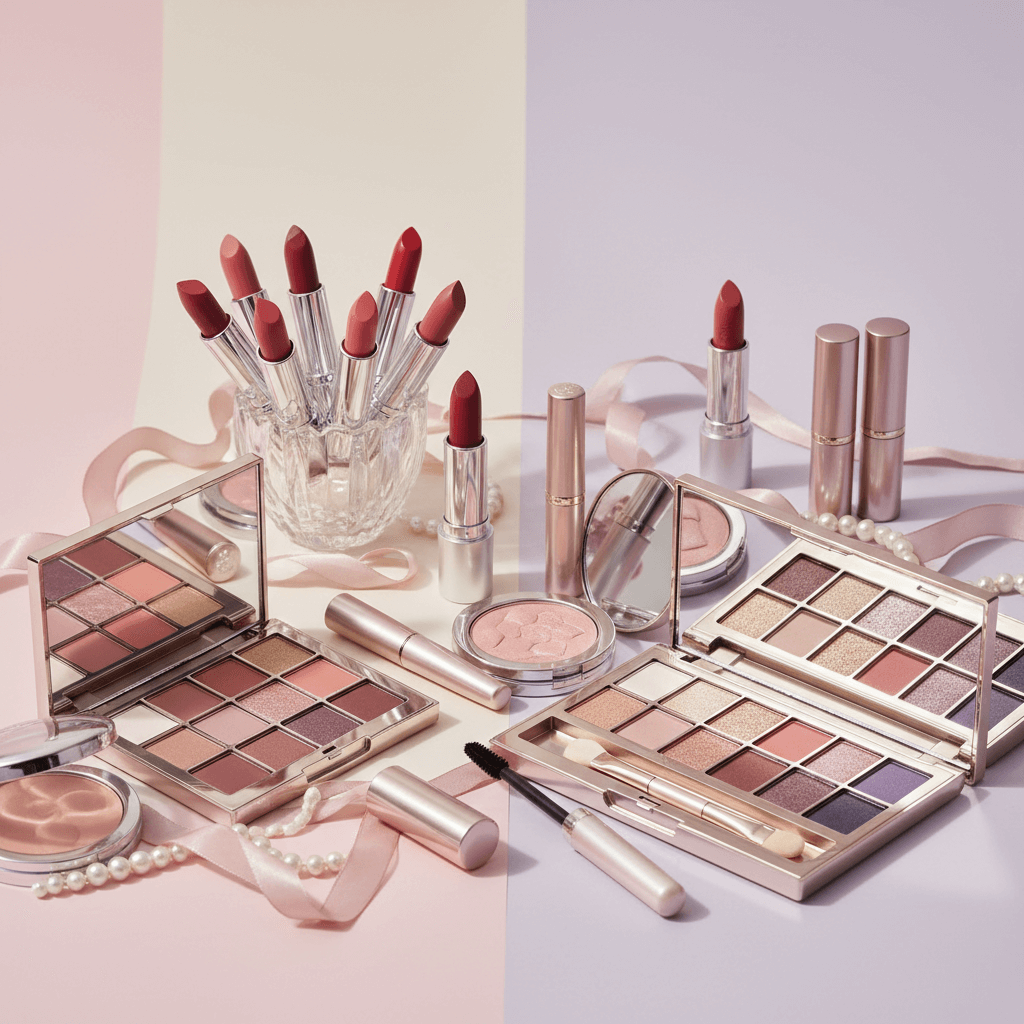 Collection maquillage avec rouges à lèvres, fards à paupières et blush, pour des looks époustouflants.