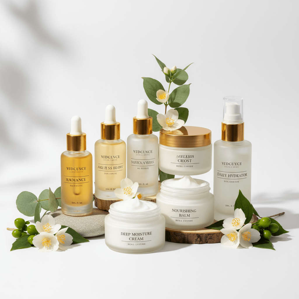 Produits de la collection Soins du Visage comprenant sérums, crèmes hydratantes et baumes nutritifs.