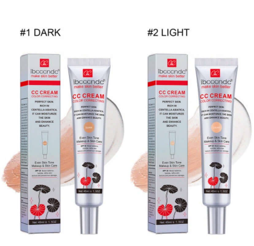 CC cream waterproof anti-sweat in dark and light shades with packaging and applicator.