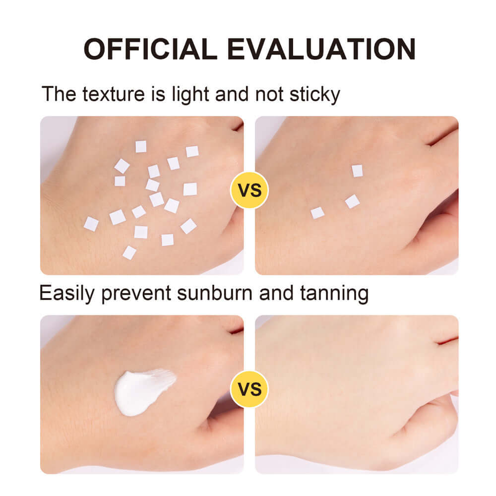 Comparison of textures showing CC cream waterproof anti-sweat's light feel and effectiveness against sunburn.