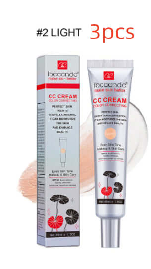 CC cream waterproof anti-sweat product packaging showing #2 Light shade and benefits of use.