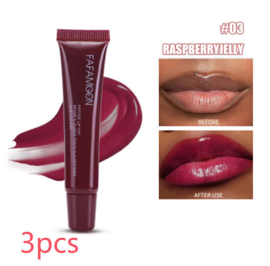 Glossy waterproof lip glaze - FafaMoon Raspberry Jelly, rendu avant et après application en 3 pcs.