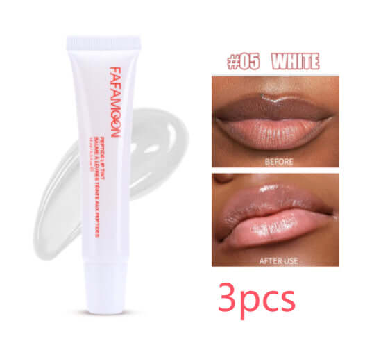 Glossy waterproof lip glaze Norelia Beauty en tube avec avant et après sur les lèvres, effet brillant et couleur éclatante.
