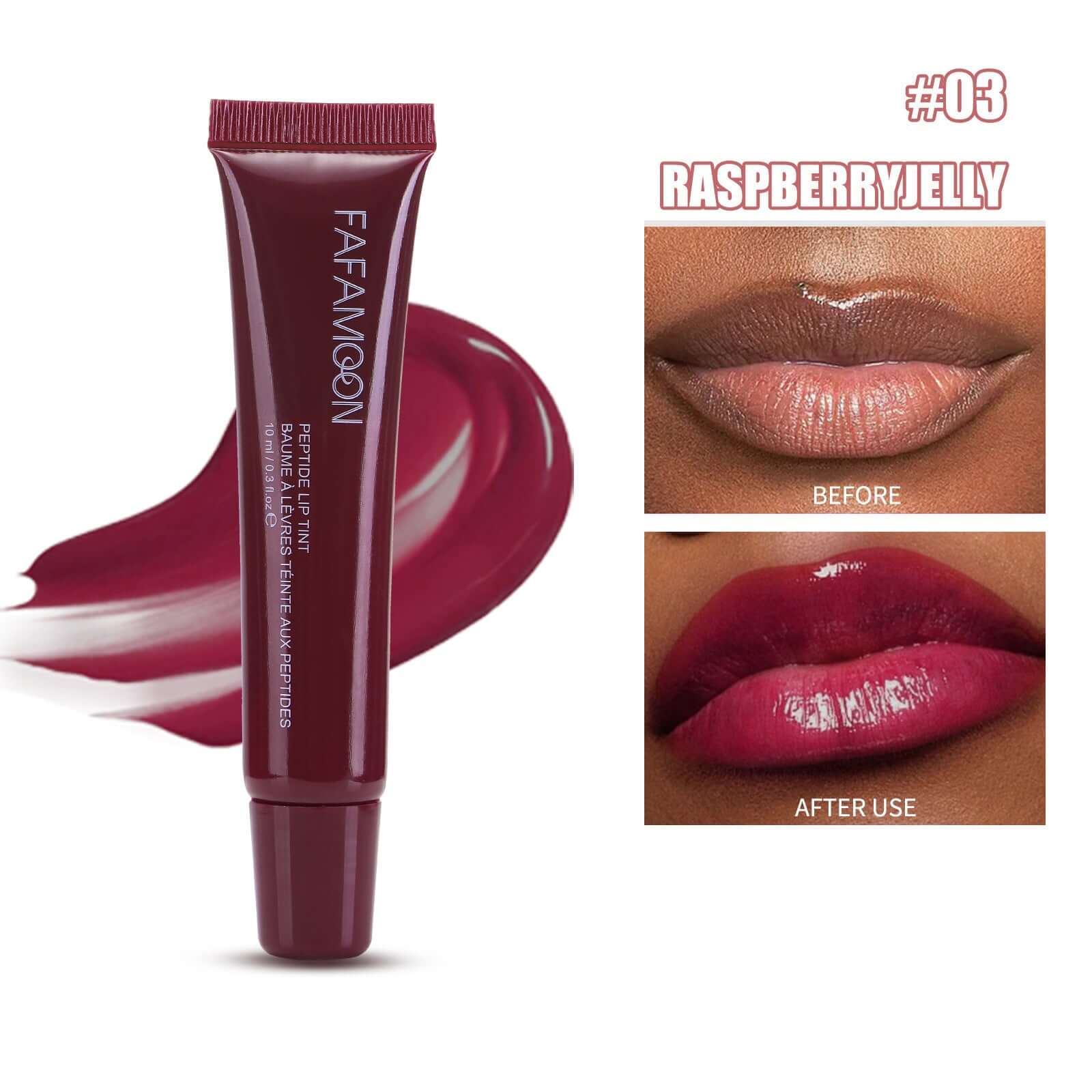 Glossy waterproof lip glaze de Fafa Moon en teinte Raspberry Jelly avec avant et après application.
