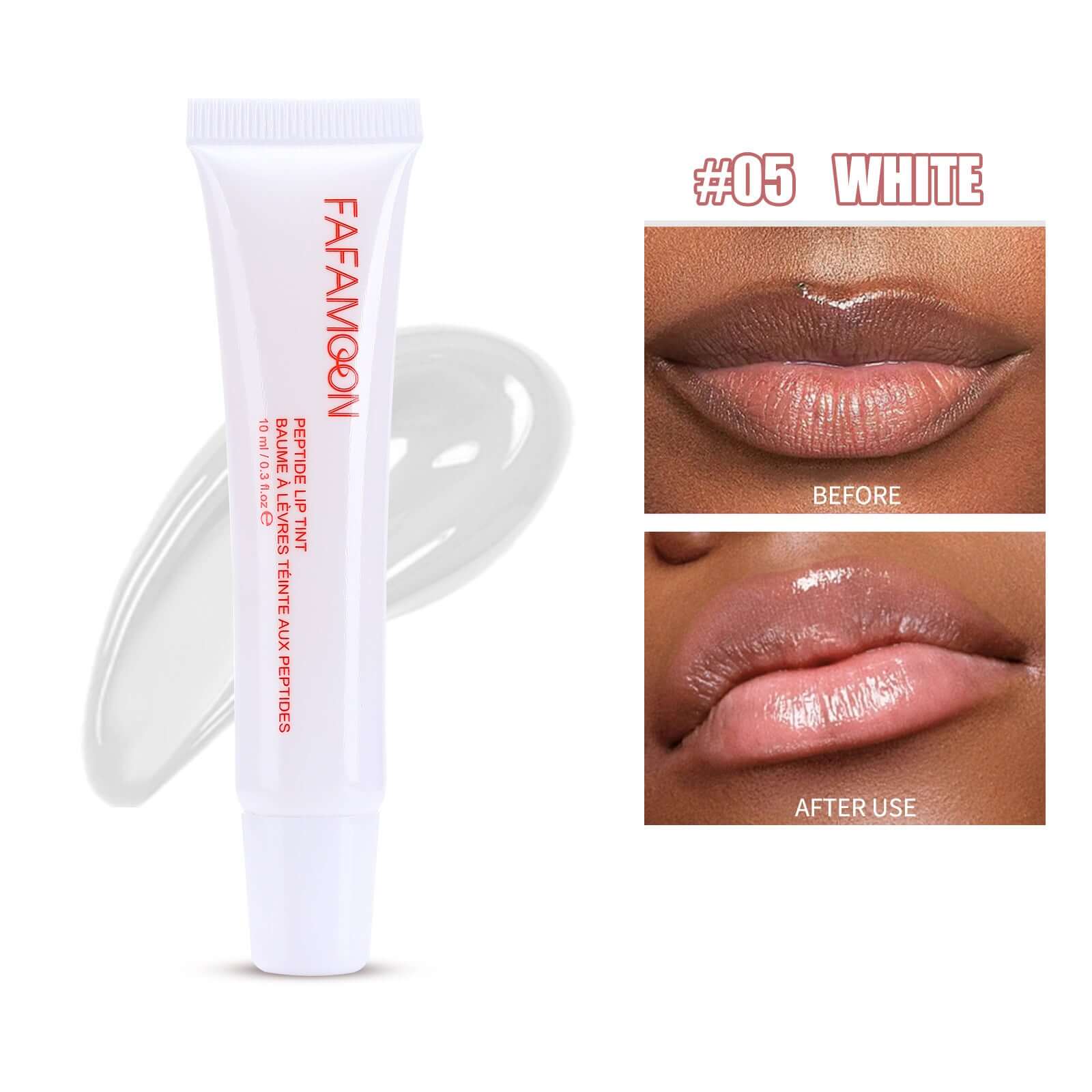 Glossy waterproof lip glaze Norelia Beauty - Avant et après utilisation sur les lèvres, couleur #05 WHITE.