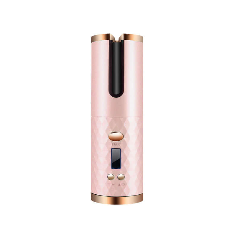 fer à boucler automatique rechargeable en rose avec affichage numérique et boutons de contrôle.