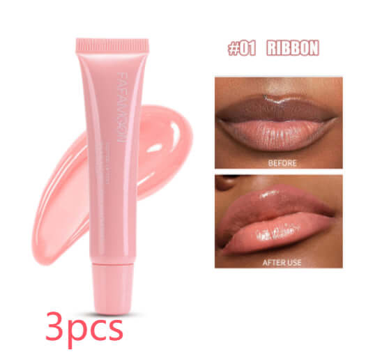 Glossy waterproof lip glaze Norelia Beauty en teinte #01 Ribbon avec résultats avant et après sur les lèvres.