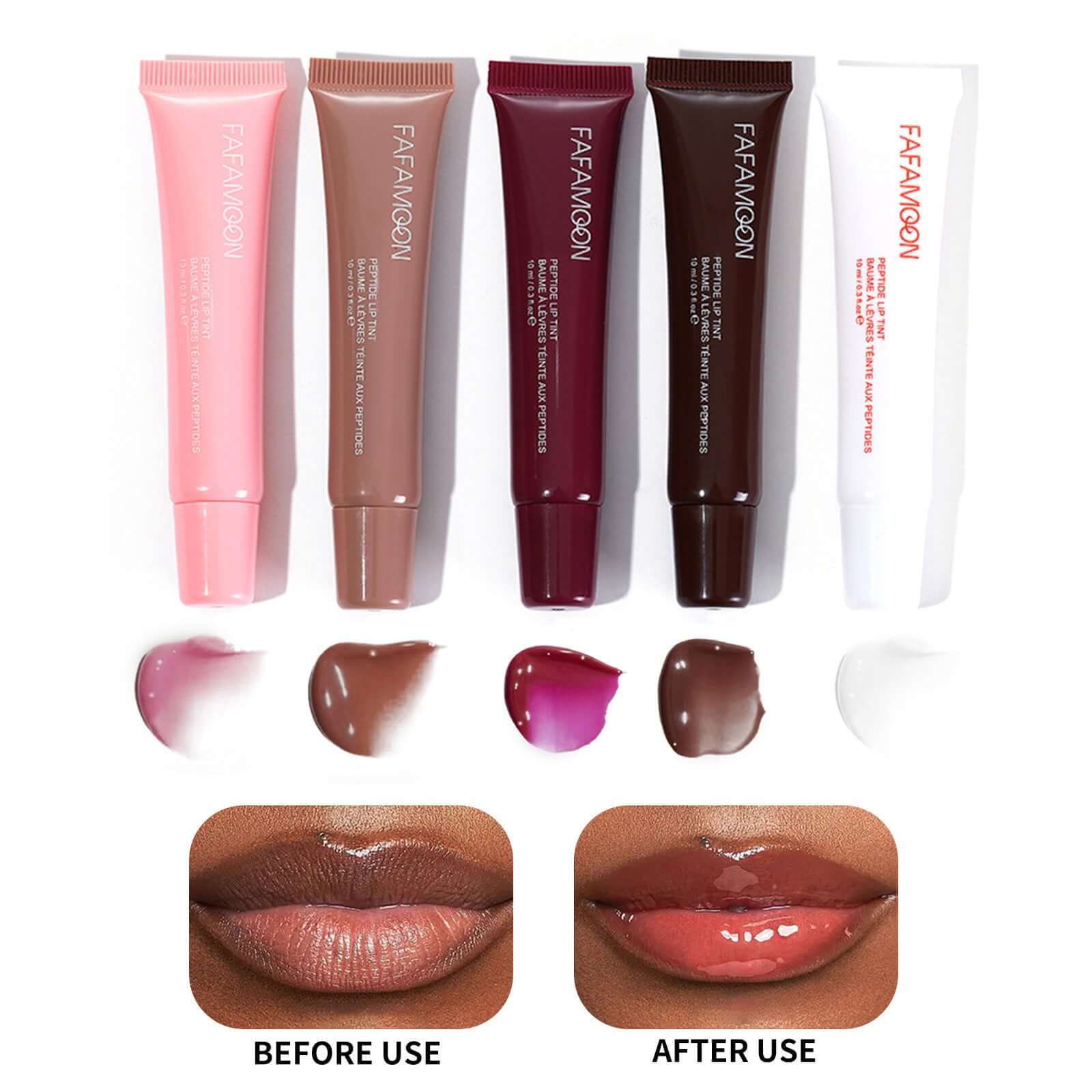 Gamme de glossy waterproof lip glaze Norelia Beauty en tubes montrant les couleurs et résultats avant et après utilisation.