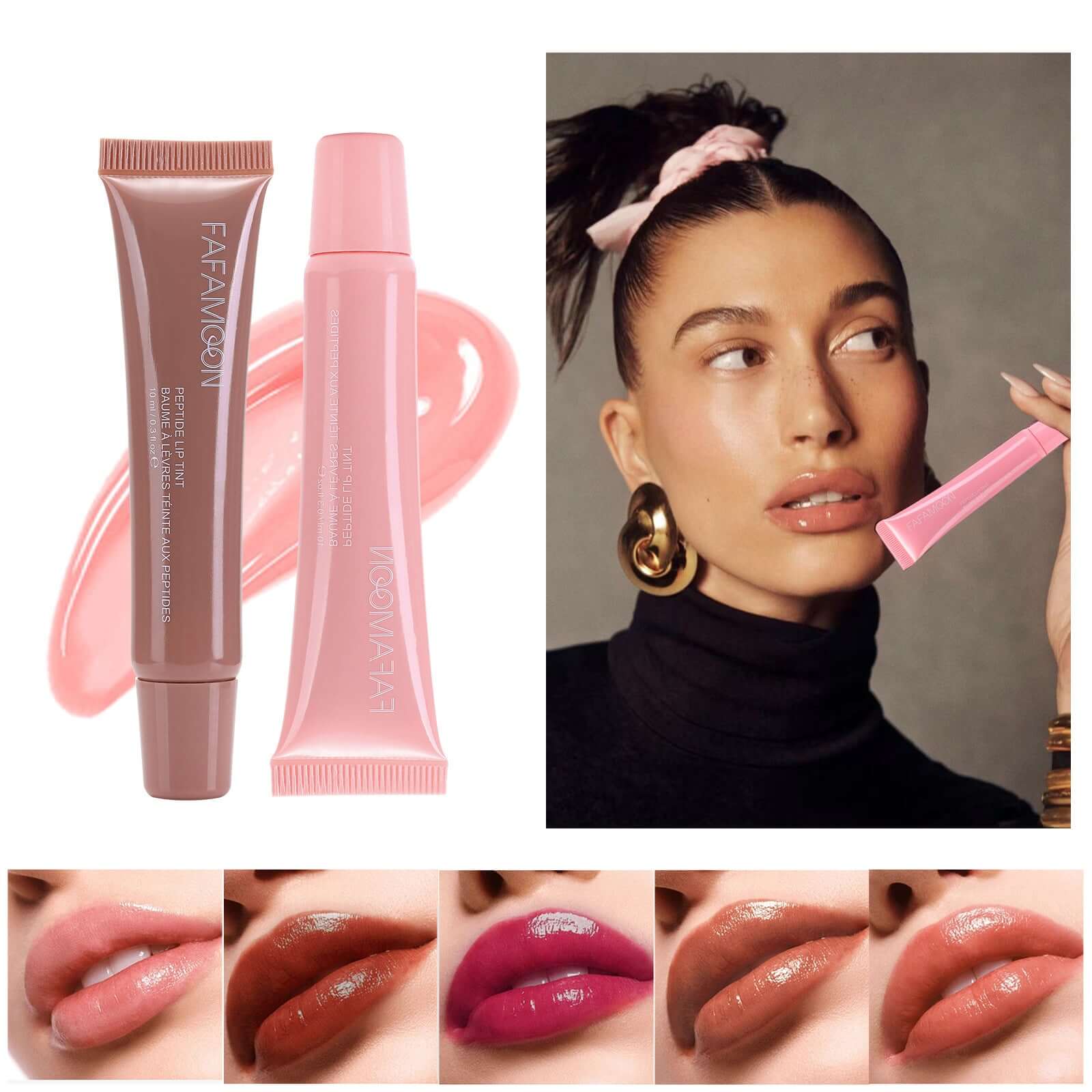 Glossy waterproof lip glaze Norelia Beauty avec des teintes élégantes affichées sur des lèvres brillantes.