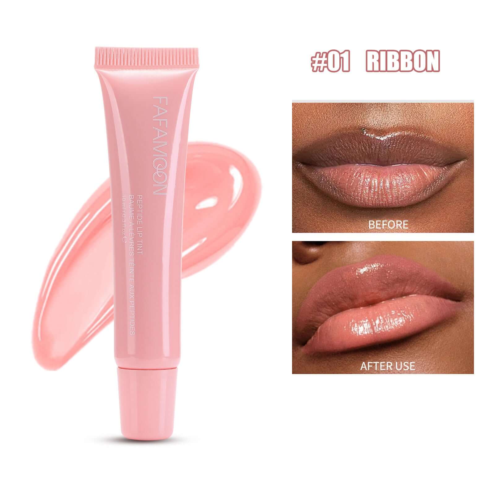 Glossy Waterproof Lip Glaze Norelia Beauty - Couleur Vibrante & Brillance Cristal en teinte #01 RIBBON avant et après utilisation.