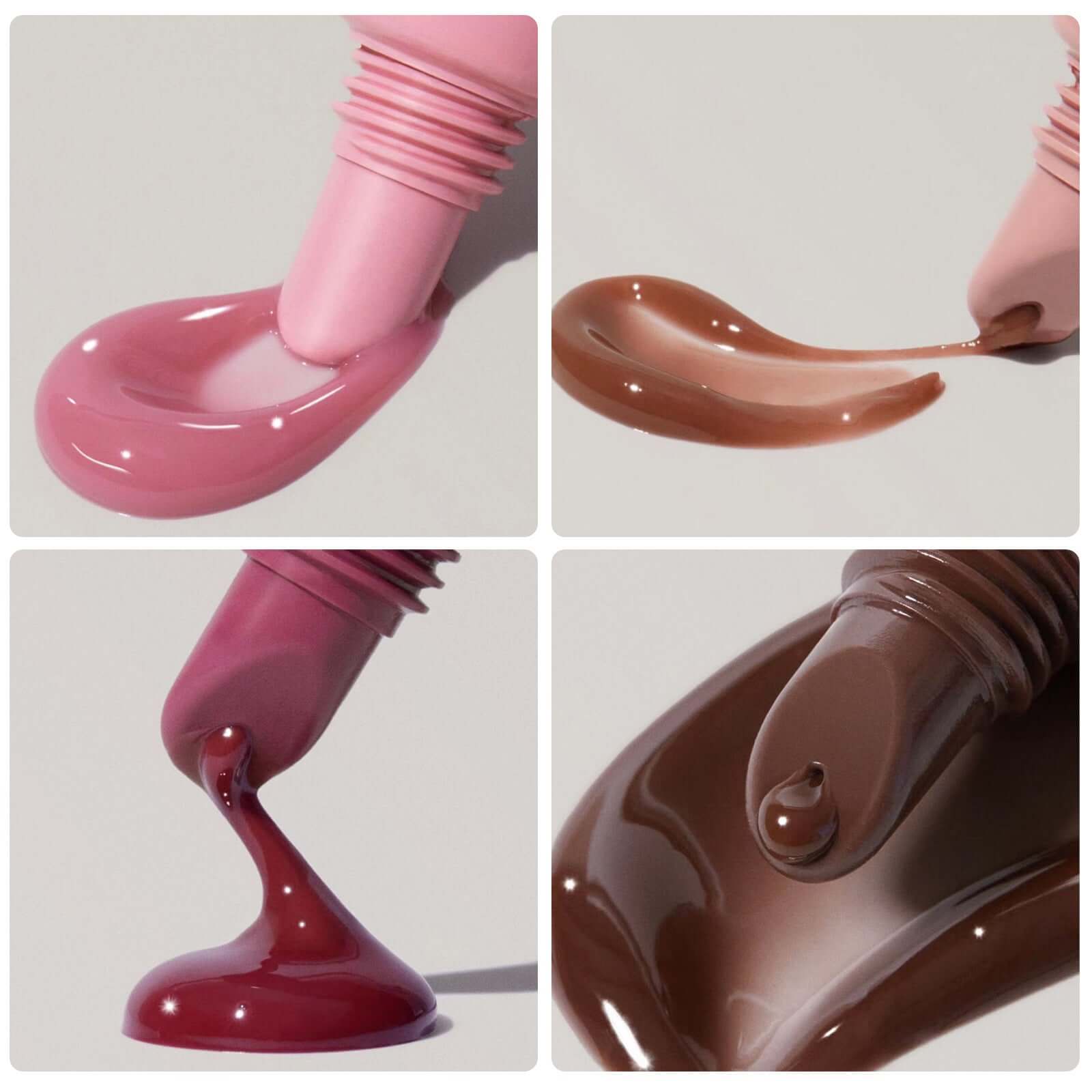 Glossy waterproof lip glaze de Norelia Beauty en plusieurs teintes vibrantes sur une surface lisse.