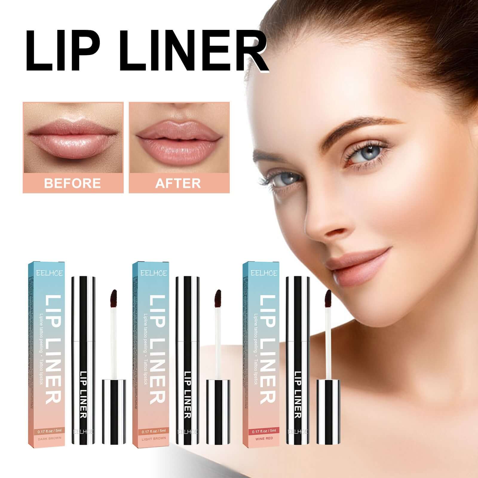 Image montrant un avant-après avec un lip liner waterproof et des produits de maquillage pour les lèvres.