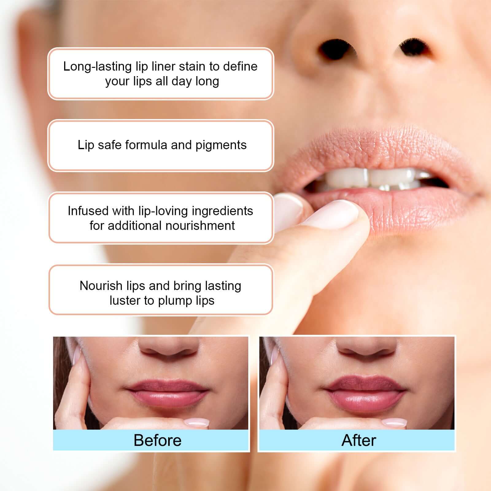 Avant et après l'utilisation du lip liner waterproof pour définir des lèvres pulpeuses avec une tenue longue durée.