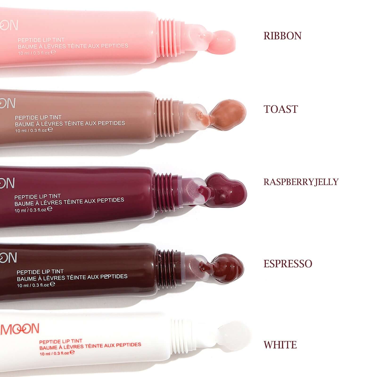 Glossy Waterproof Lip Glaze en plusieurs teintes : Ribbon, Toast, Raspberry Jelly, Espresso, White.