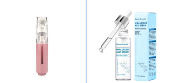 Rouleau de soin des lèvres 3 en 1 à côté d'un sérum à l'acide hyaluronique pour une hydratation optimale.