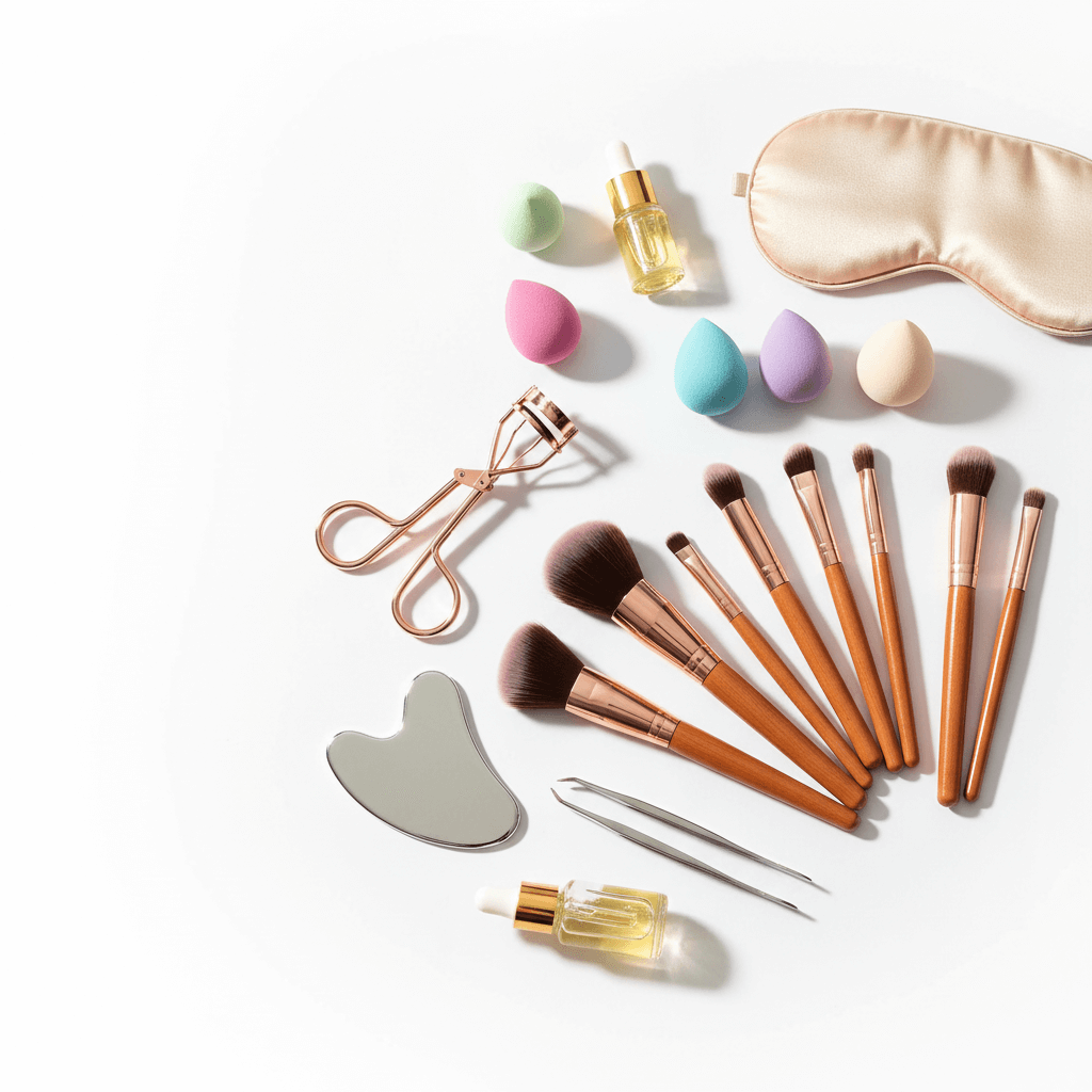 Beauty tools and makeup accessories arranged aesthetically, including brushes, sponges, and oils.