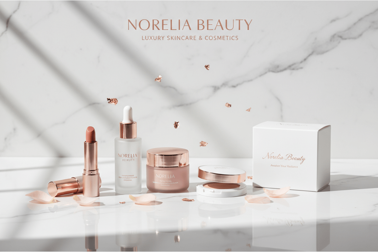 Norelia Beauty luxury skincare and cosmetics products elegantly displayed on a marble surface.