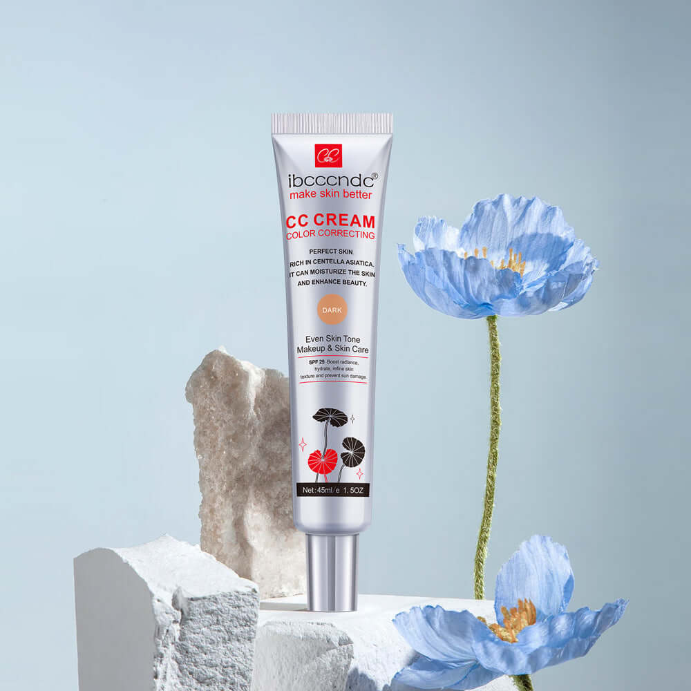 CC cream waterproof anti-sweat tube against a pastel backdrop with flowers, providing multi-action skin benefits.