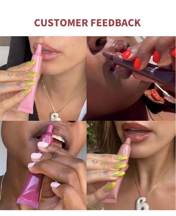 Feedback client sur le glossy waterproof lip glaze de Norelia Beauty avec différentes applications.