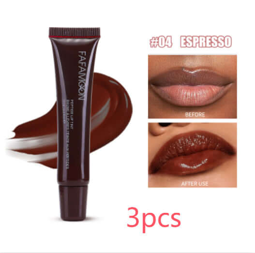 Glossy waterproof lip glaze Norelia Beauty en couleur Espresso, avant et après application, avec 3 pièces.