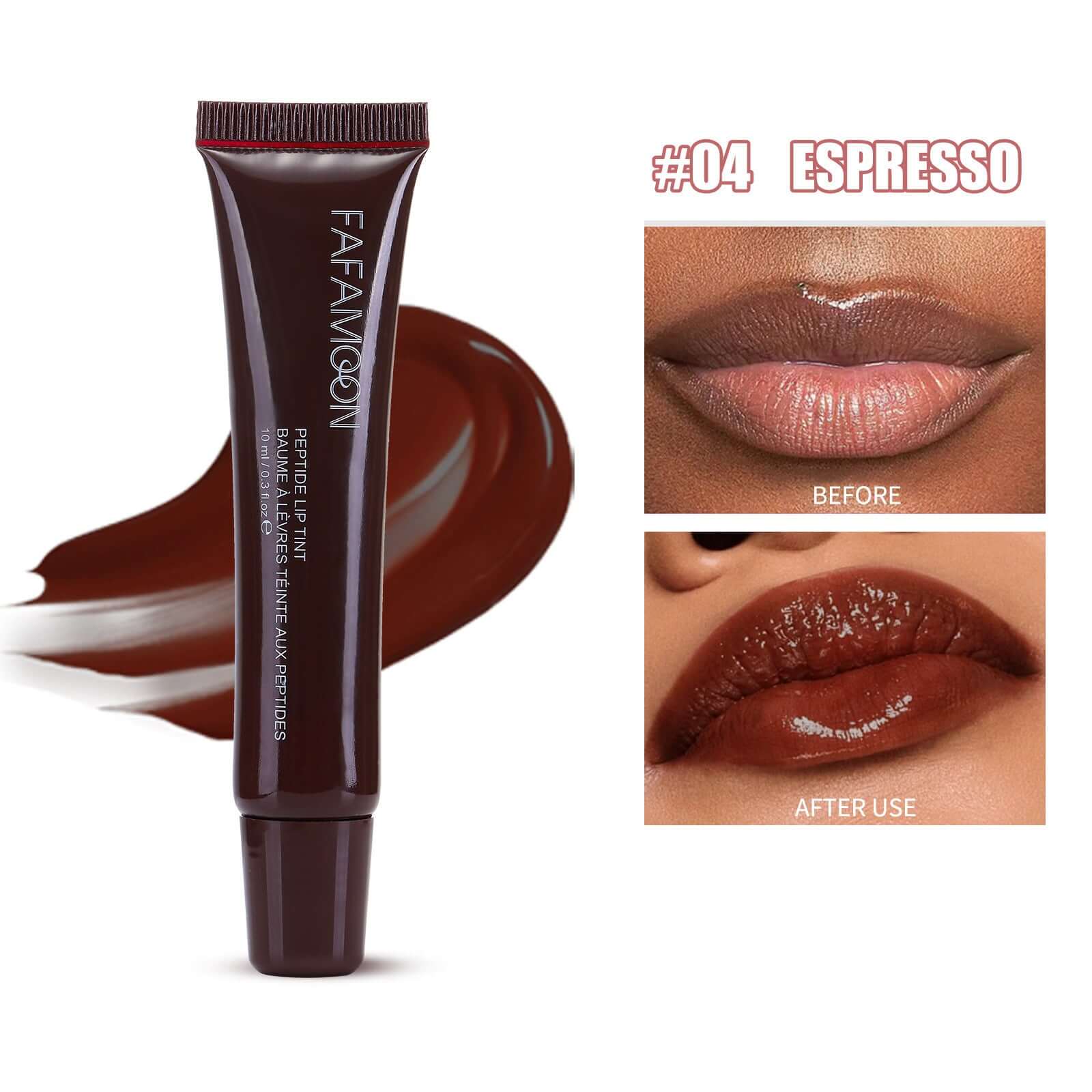 Glossy waterproof lip glaze, couleur vibrante, Brillance Cristal, #04 Espresso avant et après utilisation