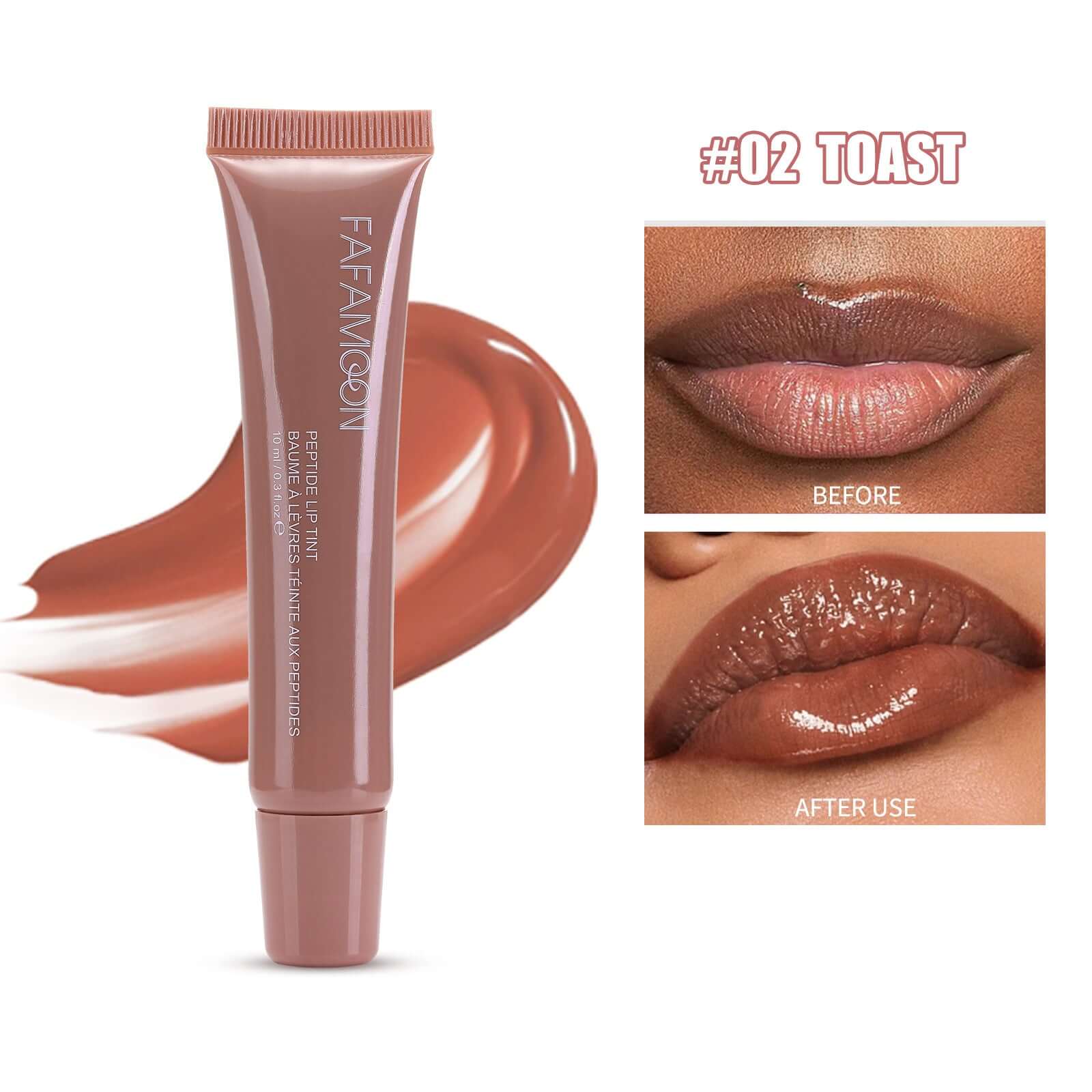 Glossy waterproof lip glaze Norelia Beauty, teinte #02 Toast, avant et après application, couleur riche et brillante.