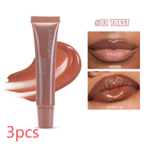Glossy waterproof lip glaze Norelia Beauty en teinte #02 Toast, avant et après application sur les lèvres, texture crème.