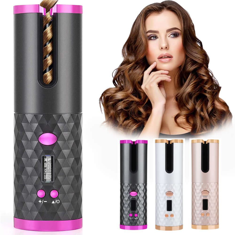 fer à boucler automatique rechargeable en différents coloris avec femme aux boucles parfaites