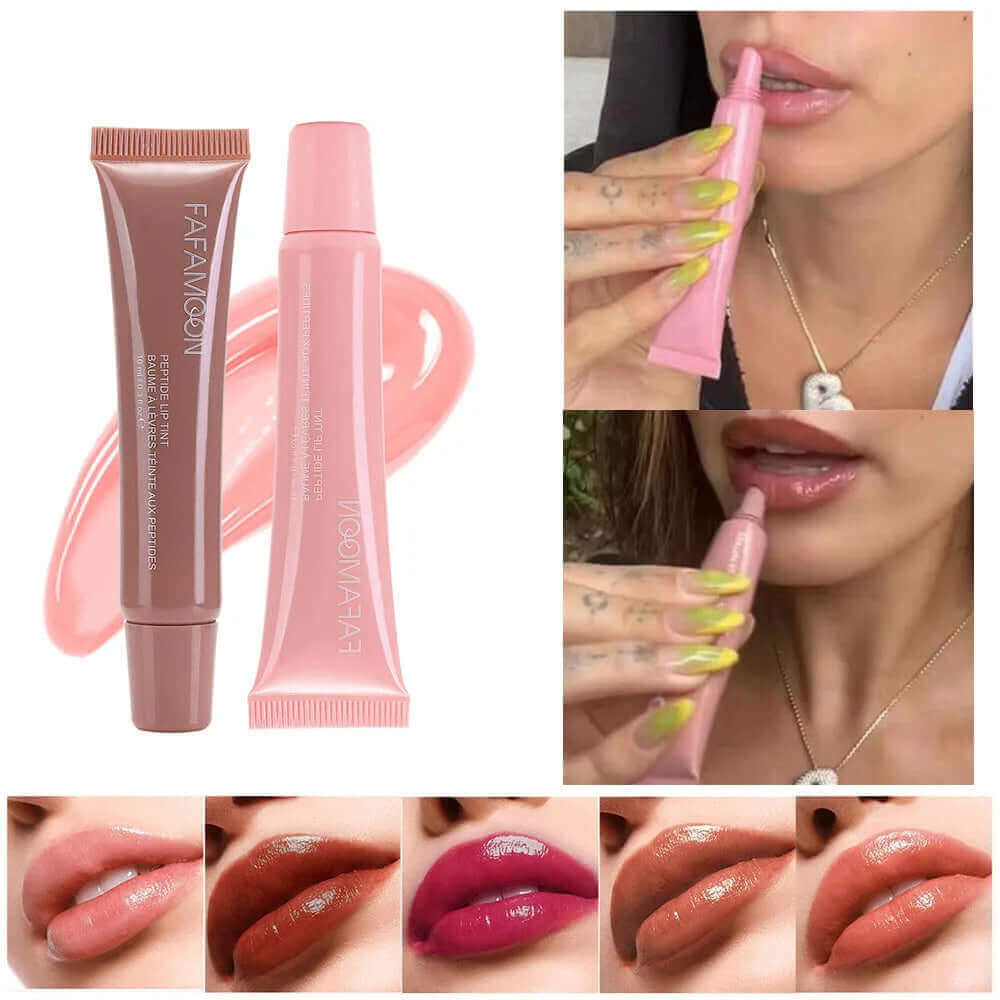 Glossy waterproof lip glaze Norelia Beauty avec tubes et application sur les lèvres, montrant brillance et couleur vibrante.